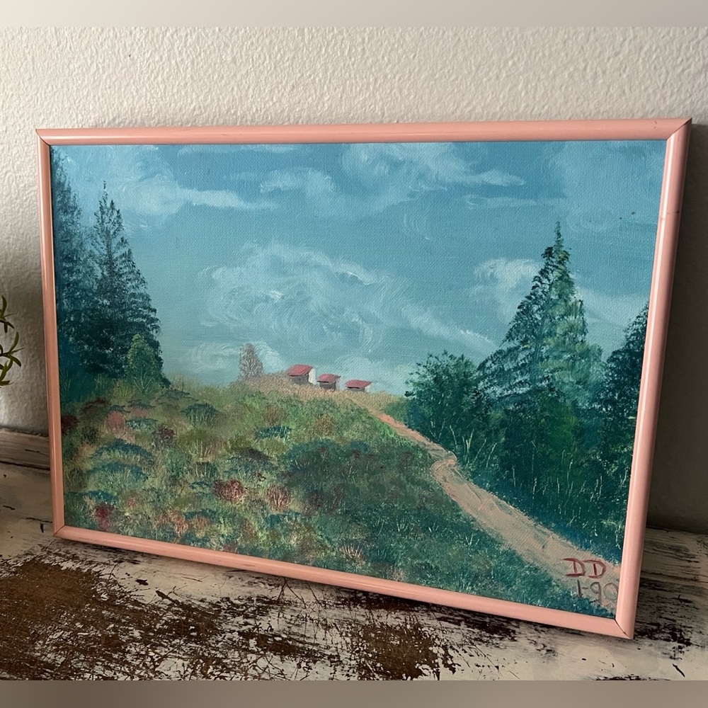 Vintage Original Acrylic Landscape Painting Pink Framed 10 x 14 D.D. 1990